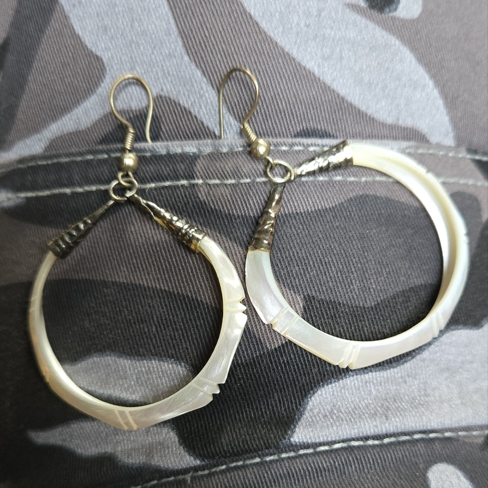 Abalone fresh shell & sterling Hoop Earrings - Picture 4 of 6